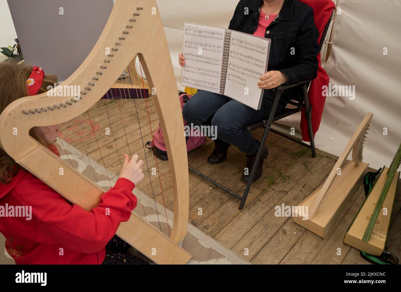 Girl playing Welsh harp maker stall at the National Eisteddfod festival