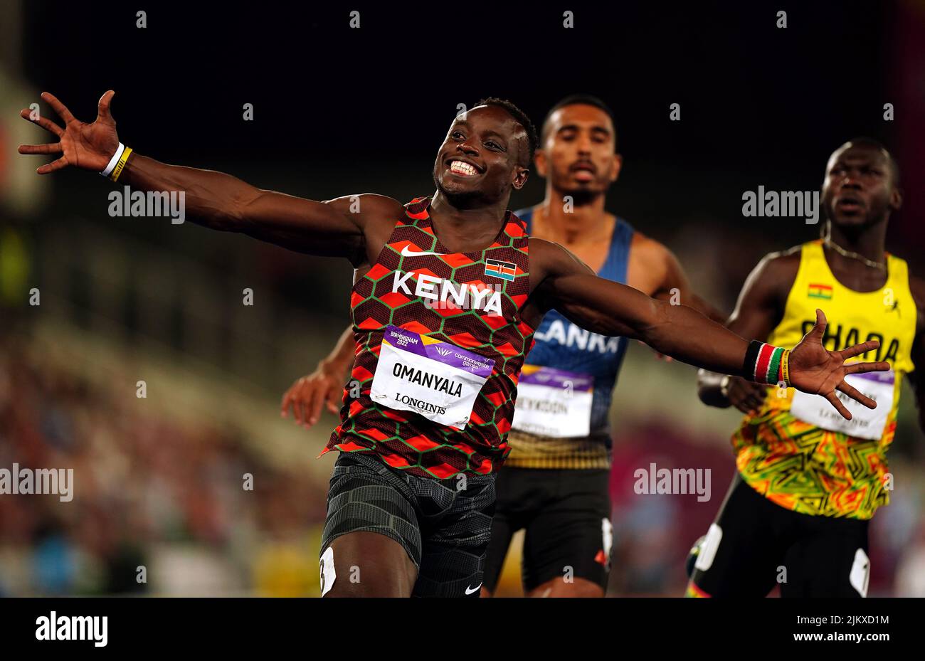 Kenya's Ferdinand Omanyala celebrates winning the Men's 100m Final at