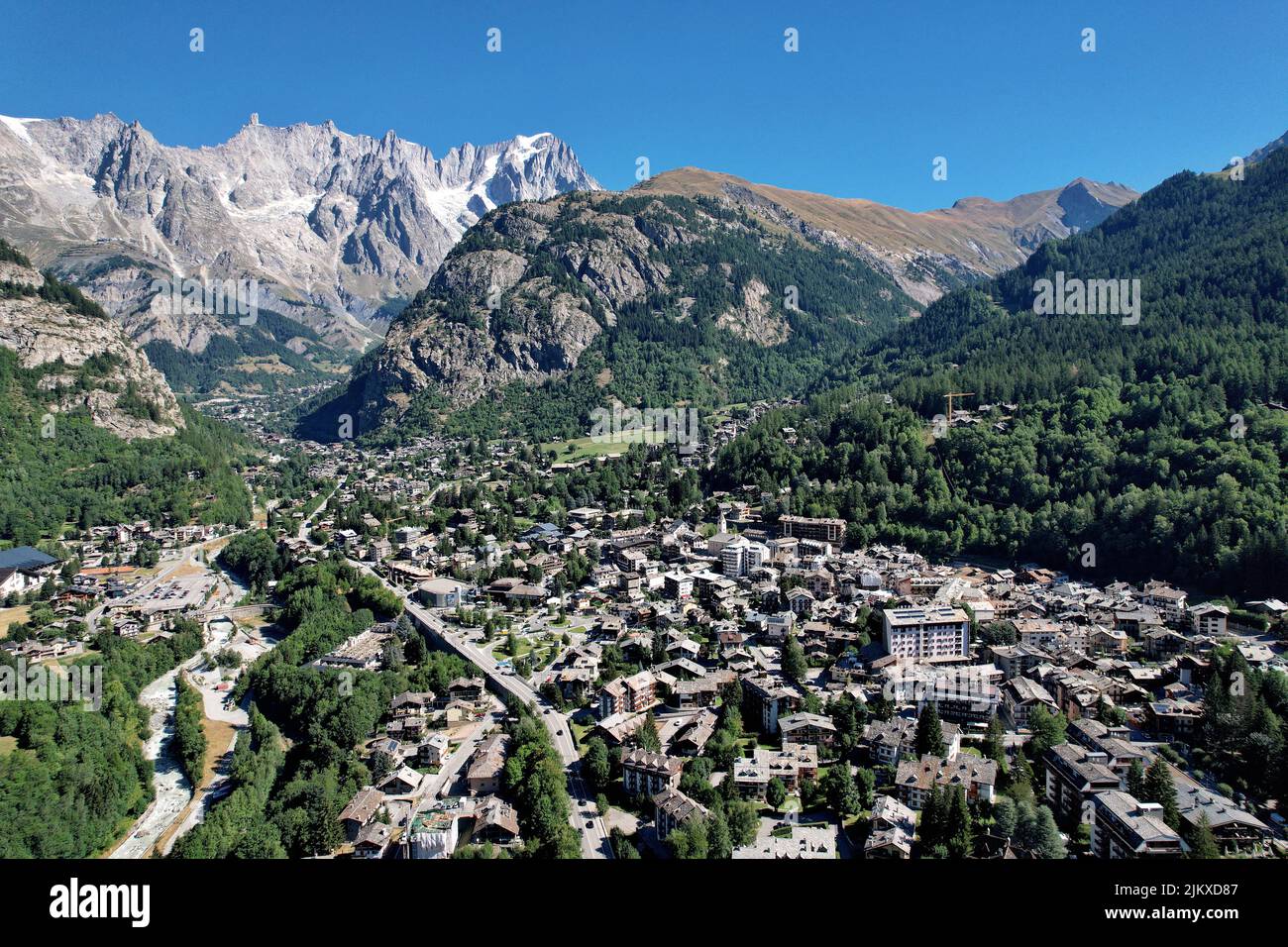 View of the mountain village of courmayeur in Italy alps Stock Photo