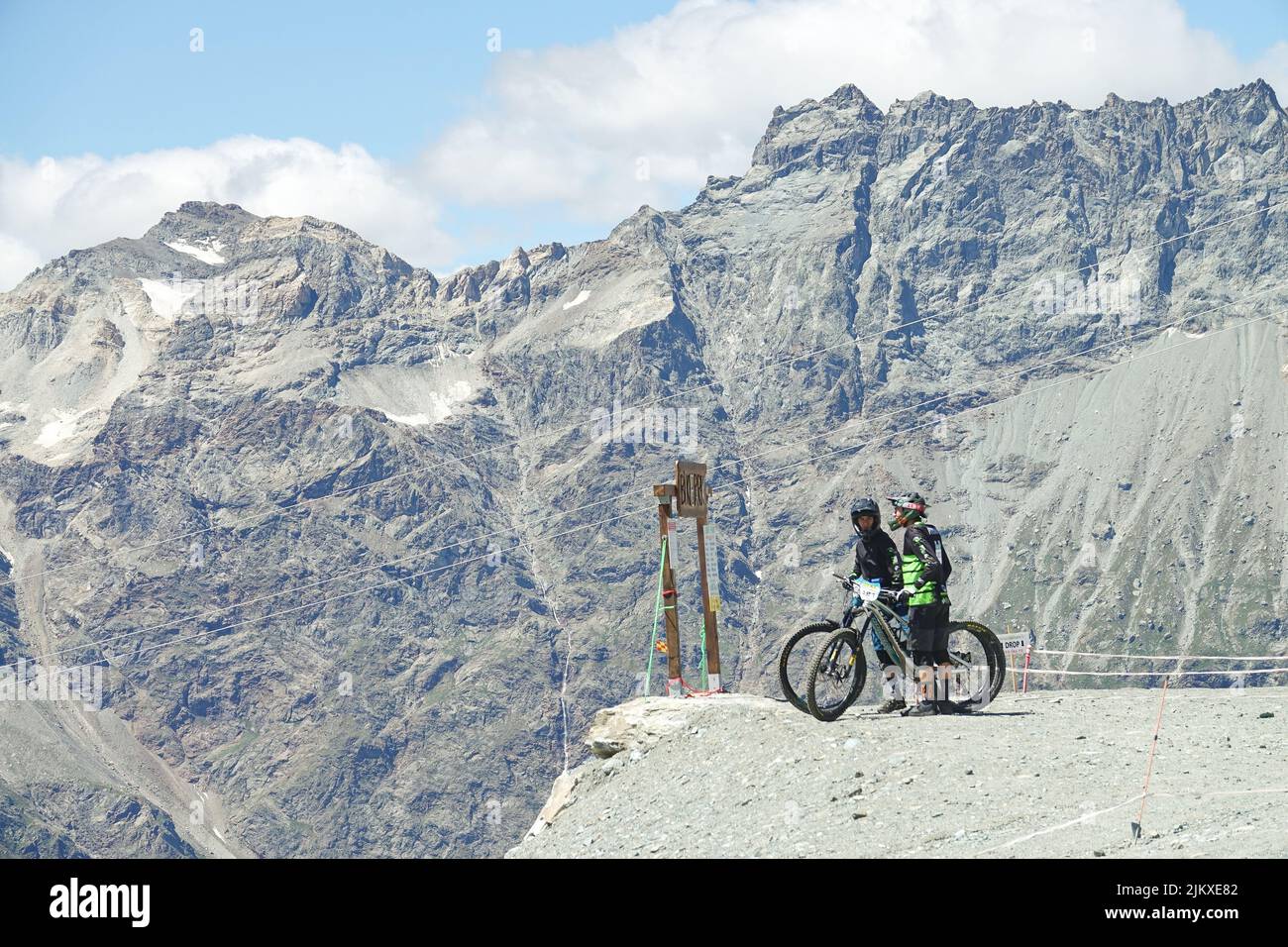 The Matterhorn Valley bike park is the highest in Europe and has slopes with all levels of difficulty.  Breuil-Cervinia, Italy - August 2022 Stock Photo