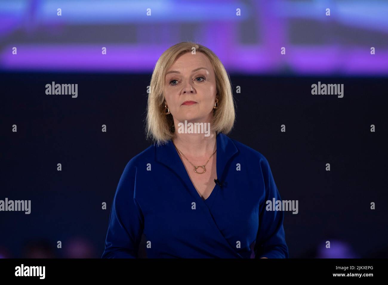 Cardiff, Wales, UK. 3rd Aug, 2022. Liz Truss during the Conservative party leadership hustings event between Rishi Sunak and Liz Truss at the All Nations Centre in Cardiff. Credit: Mark Hawkins/Alamy Live News Stock Photo