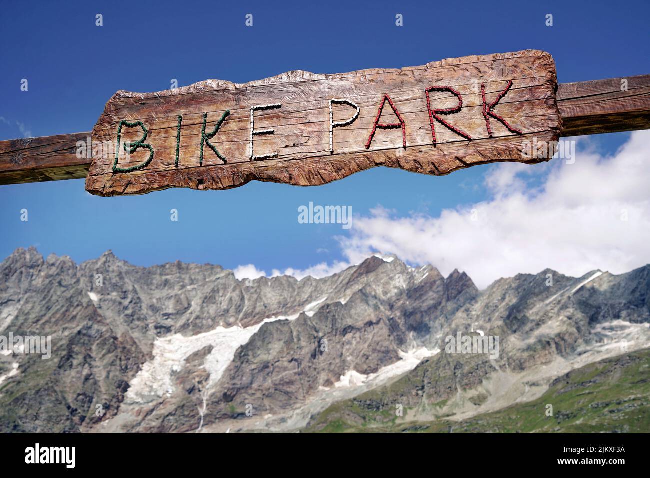 The Matterhorn Valley bike park is the highest in Europe and has slopes with all levels of difficulty.  Breuil-Cervinia, Italy - August 2022 Stock Photo