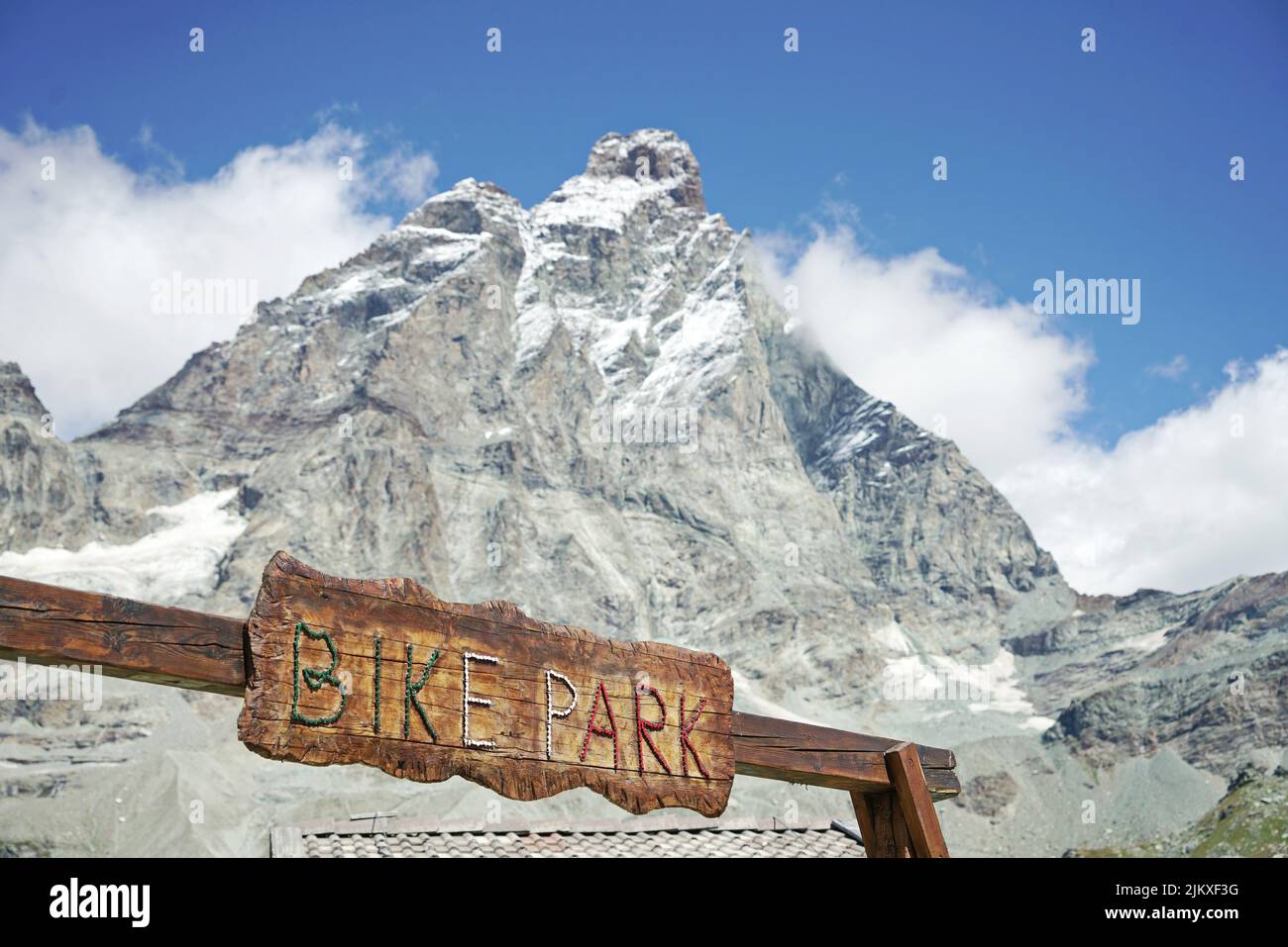 The Matterhorn Valley bike park is the highest in Europe and has slopes with all levels of difficulty.  Breuil-Cervinia, Italy - August 2022 Stock Photo