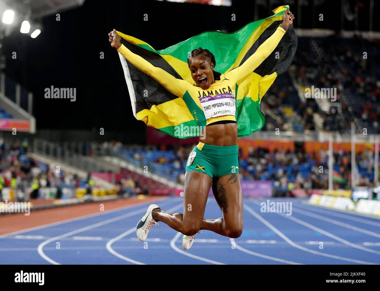 Commonwealth Games - Athletics - Women's 100m - Final - Alexander Stadium, Birmingham, Britain - August 3, 2022 Jamaica's Elaine Thompson-Herah celebrates after winning gold REUTERS/John Sibley     TPX IMAGES OF THE DAY Stock Photo