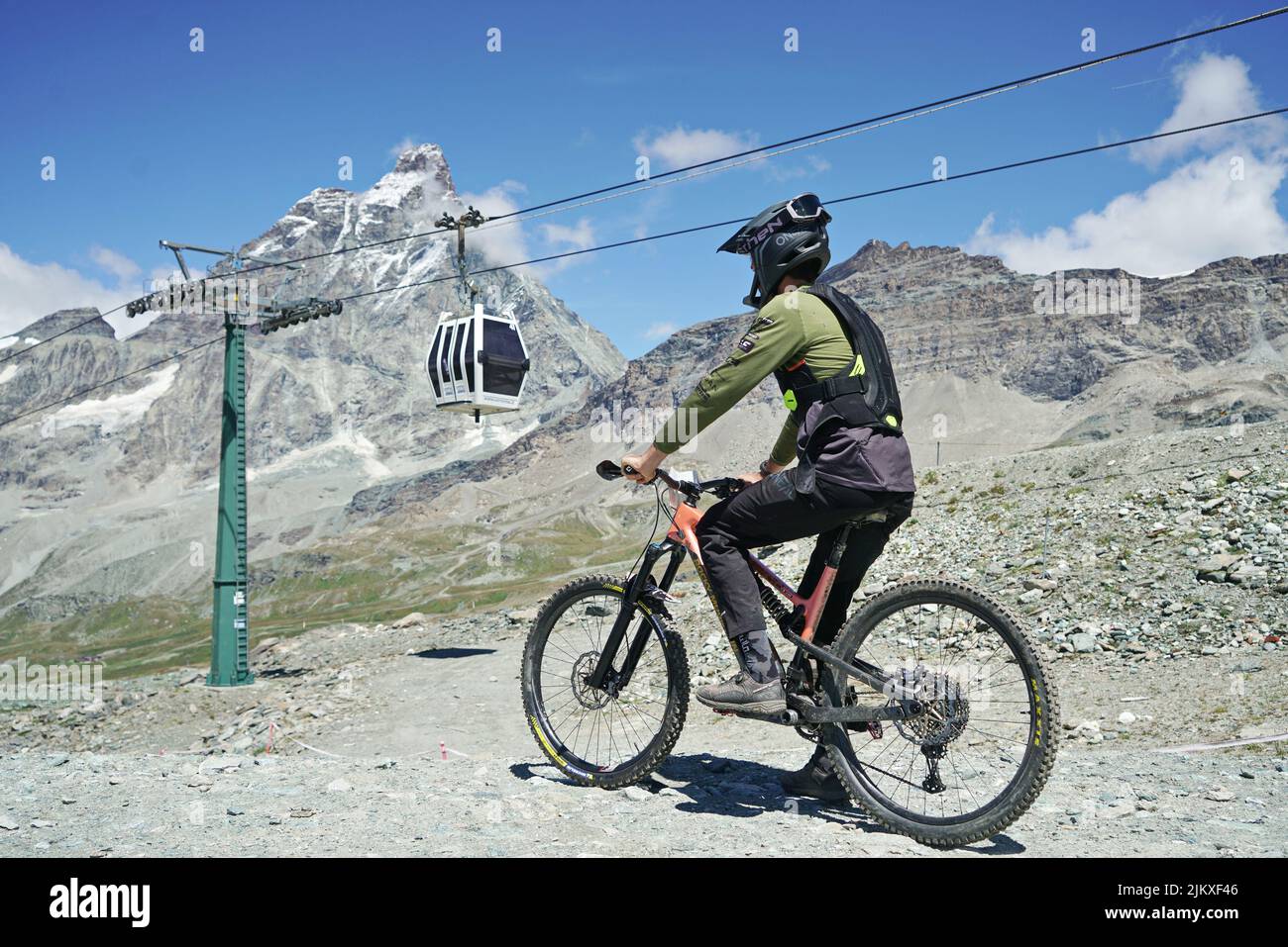 The Matterhorn Valley bike park is the highest in Europe and has slopes with all levels of difficulty.  Breuil-Cervinia, Italy - August 2022 Stock Photo