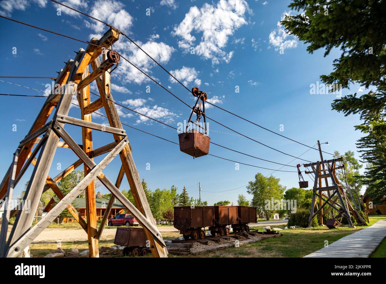 Encampment, Wyoming - The Grand Encampment Museum highlights the mining, ranching, and logging history of the town. A 16-mile aerial tramway, the long Stock Photo