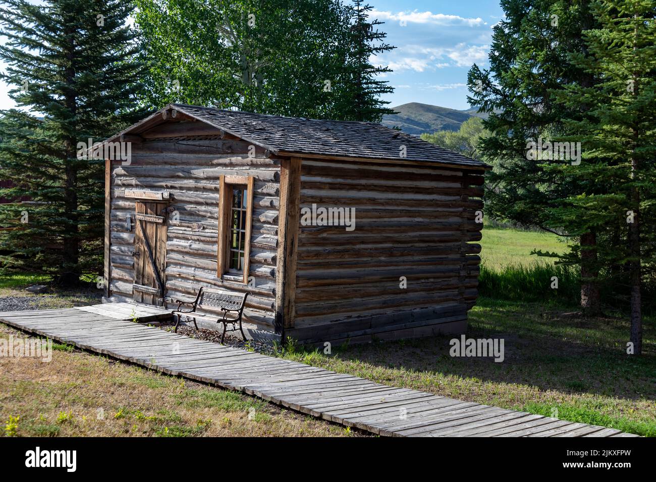 Encampment, Wyoming - The Grand Encampment Museum highlights the mining, ranching, and logging history of the town. The museum includes a one-room sch Stock Photo
