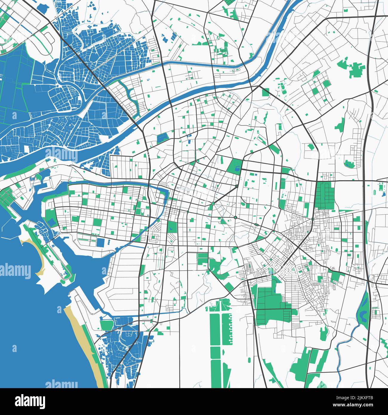 Tainan vector map. Detailed map of Tainan city administrative area. Cityscape panorama. Royalty free vector illustration. Road map with highways, rive Stock Vector