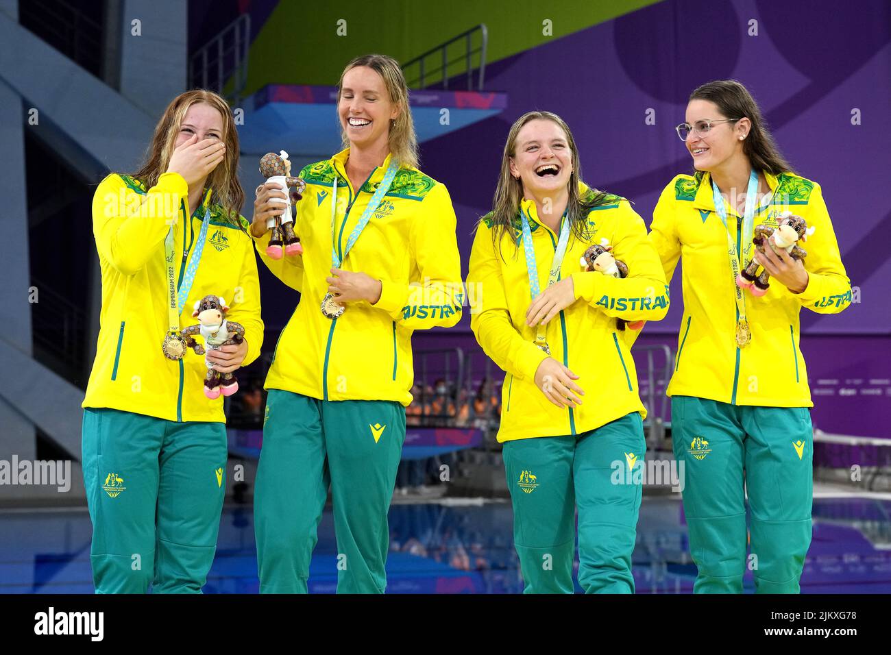 Australia's Mollie O'Callaghan, Emma McKeon, Chelsea Hodges and Kaylee McKeowen celebrate with their gold medals in the Women's 4 x 100m Medley Relay Final at the Sandwell Aquatics Centre on day six of the 2022 Commonwealth Games in Birmingham. Picture date: Wednesday August 3, 2022. Stock Photo
