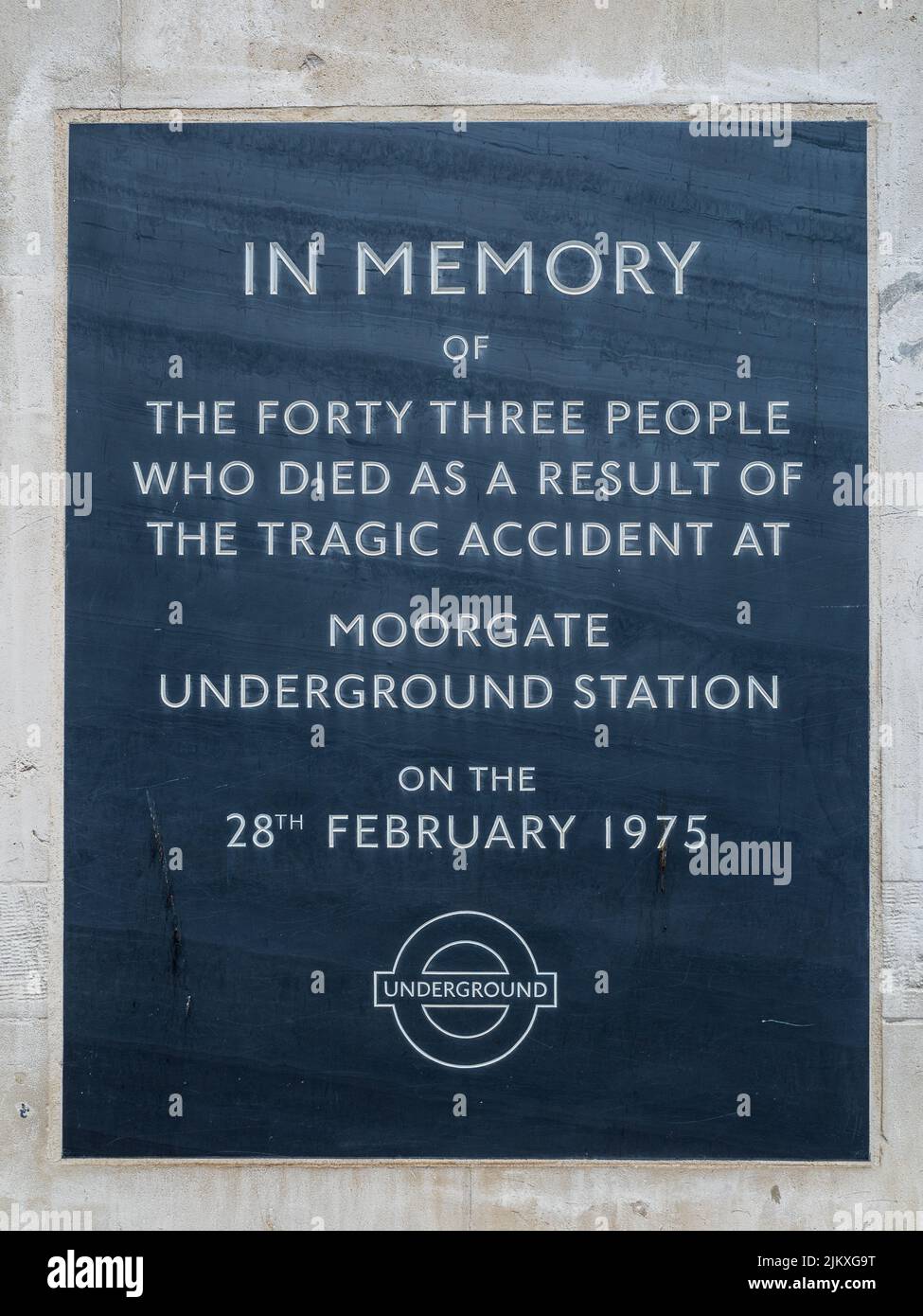 Moorgate Tube Disaster memorial plaque outside Moorgate Station London. Moorgate Tube Crash Memorial. Moorgate Train Crash Memorial. Stock Photo