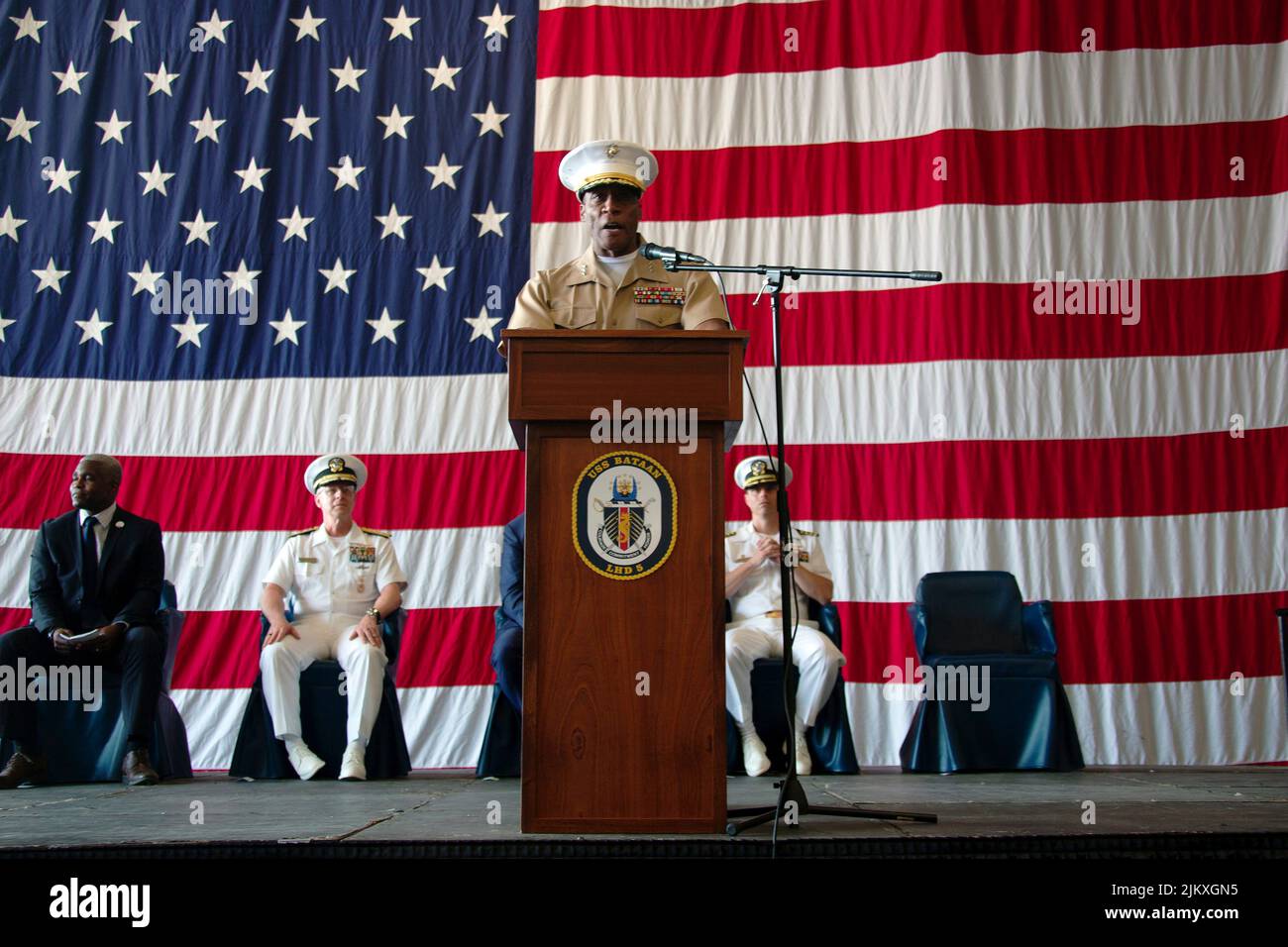U.S. Marine Corps Lt. Gen. Michael E. Langley, commanding general of Marine Forces Command, addresses guests aboard the USS Bataan during an opening ceremony at Fleet Week New York, May 25, 2022 in New York City. Langley will become the first Black four-star general in the Marines 246-year history, after the Senate confirmed his promotion August 3rd, 2022. Stock Photo