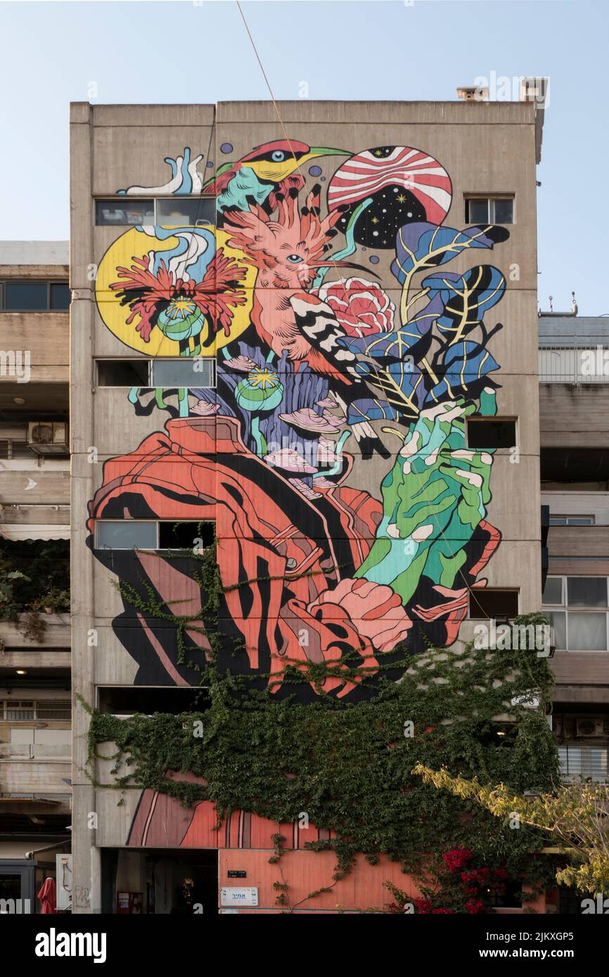 Wall painting by Israeli street artists Brothers of Light which consists of GAB and Elna artists and brothers decorates a building in Talpiot industrial zone in West Jerusalem Israel Stock Photo