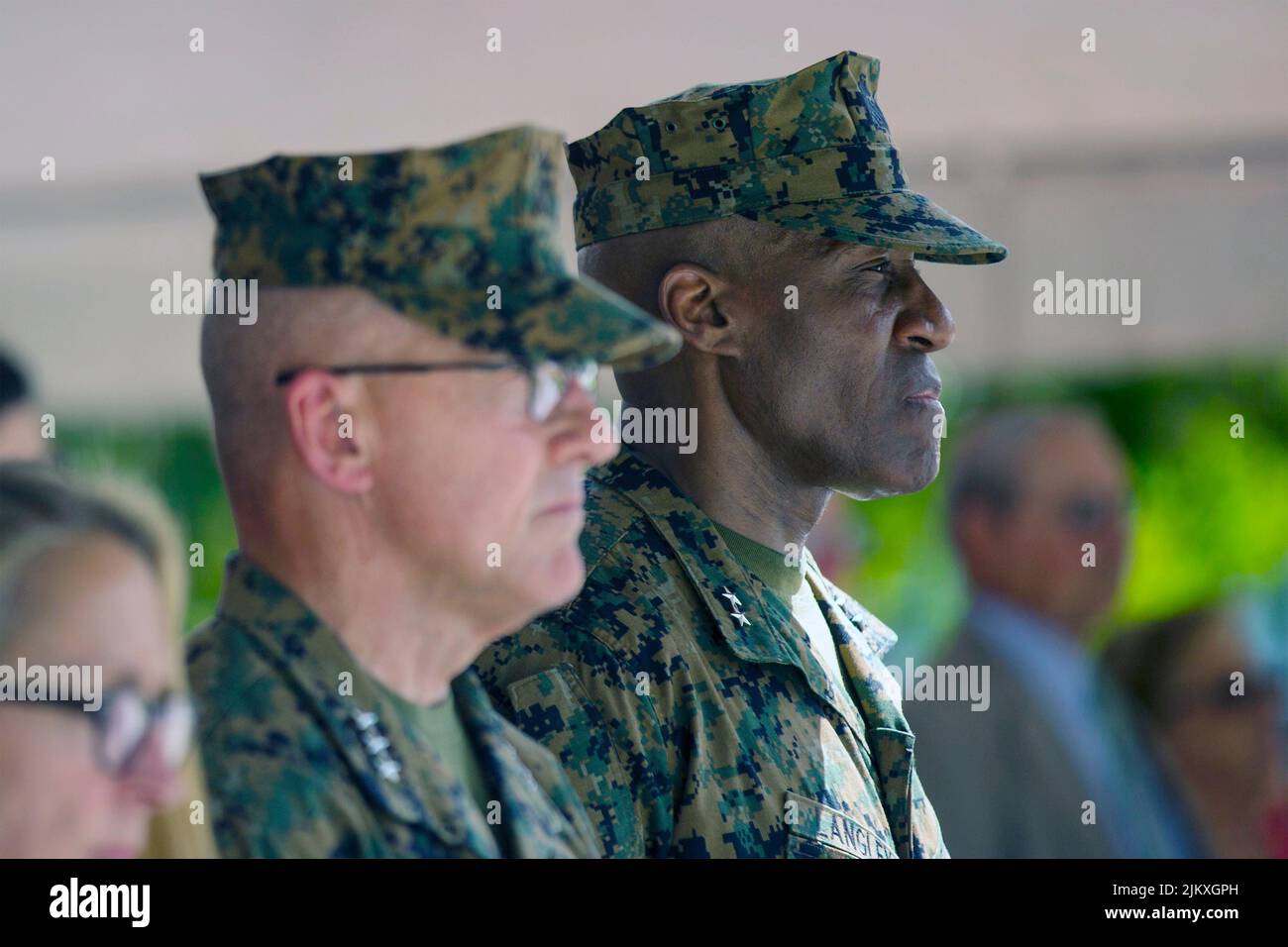 U.S. Marine Corps Maj. General Michael E. Langley, commanding officer of 2nd Marine Expeditionary Brigade, during the relinquishment of command ceremony, May 23, 2018, in Camp Lejeune, North Carolina. Langley will become the first Black four-star general in the Marines 246-year history, after the Senate confirmed his promotion August 3rd, 2022. Stock Photo