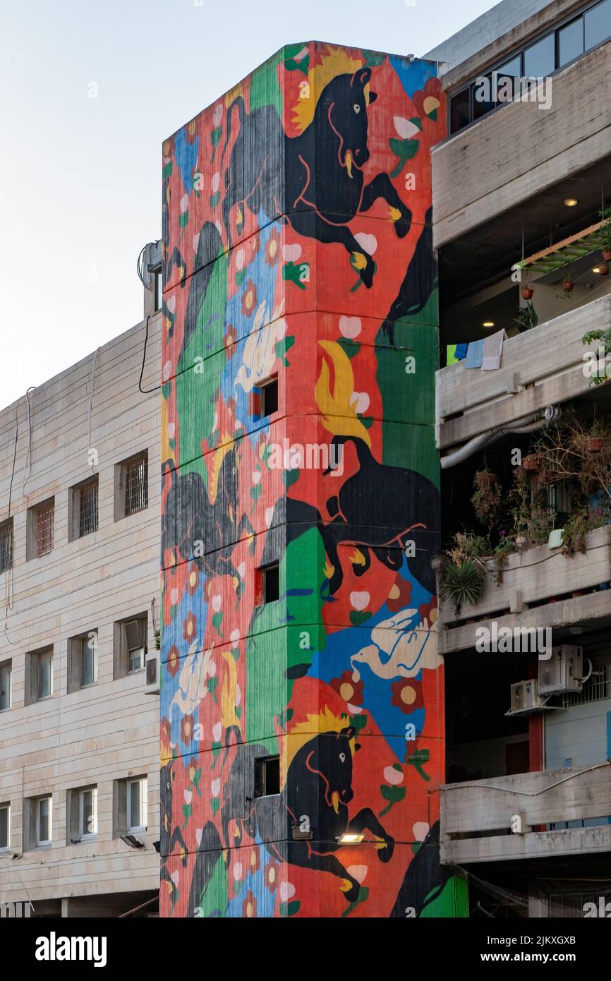 Wall painting by Israeli street artists Broken Fingaz (broken fingers) which are a multidisciplinary art collective from Haifa decorates a building in Talpiot industrial zone in West Jerusalem Israel Stock Photo
