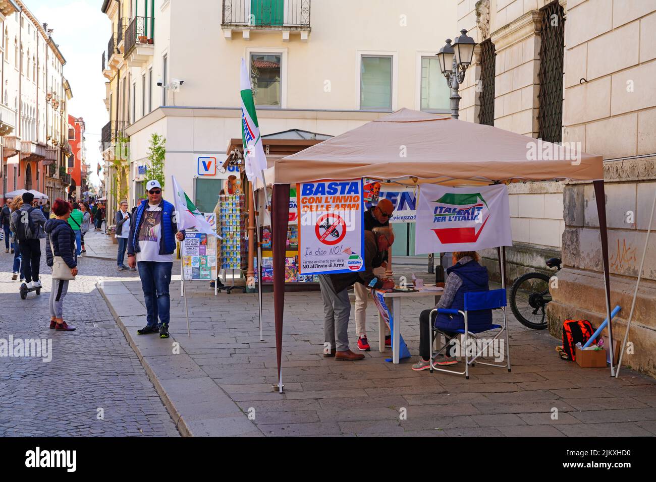 VICENZA, ITALY -16 APR 2022- View of supporters of the Italexit For Italy with Paragone political party, a Eurosceptic far right political party in It Stock Photo