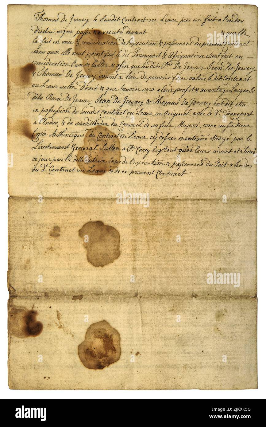 Old used stained paper background. Unreadable calligraphic handwriting Stock Photo
