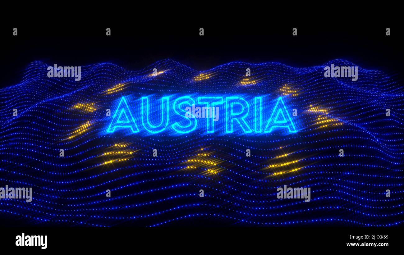 A 3d rendering of a Austria as a European Union country written  in neon letters over an EU flag Stock Photo