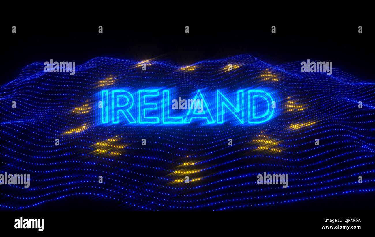 An illustration design of IRELAND country in blue neon letters with dark background over an EU flag Stock Photo