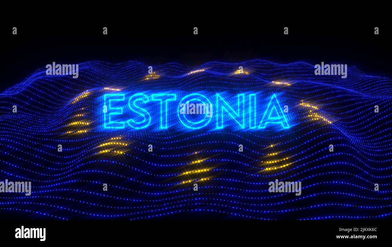 An illustration design of ESTONIA country in blue neon letters with dark background over an EU flag Stock Photo