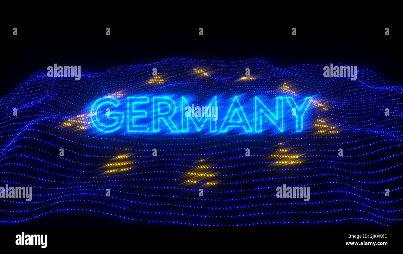 An illustration design of Germany country in blue neon letters with dark background over an EU flag Stock Photo