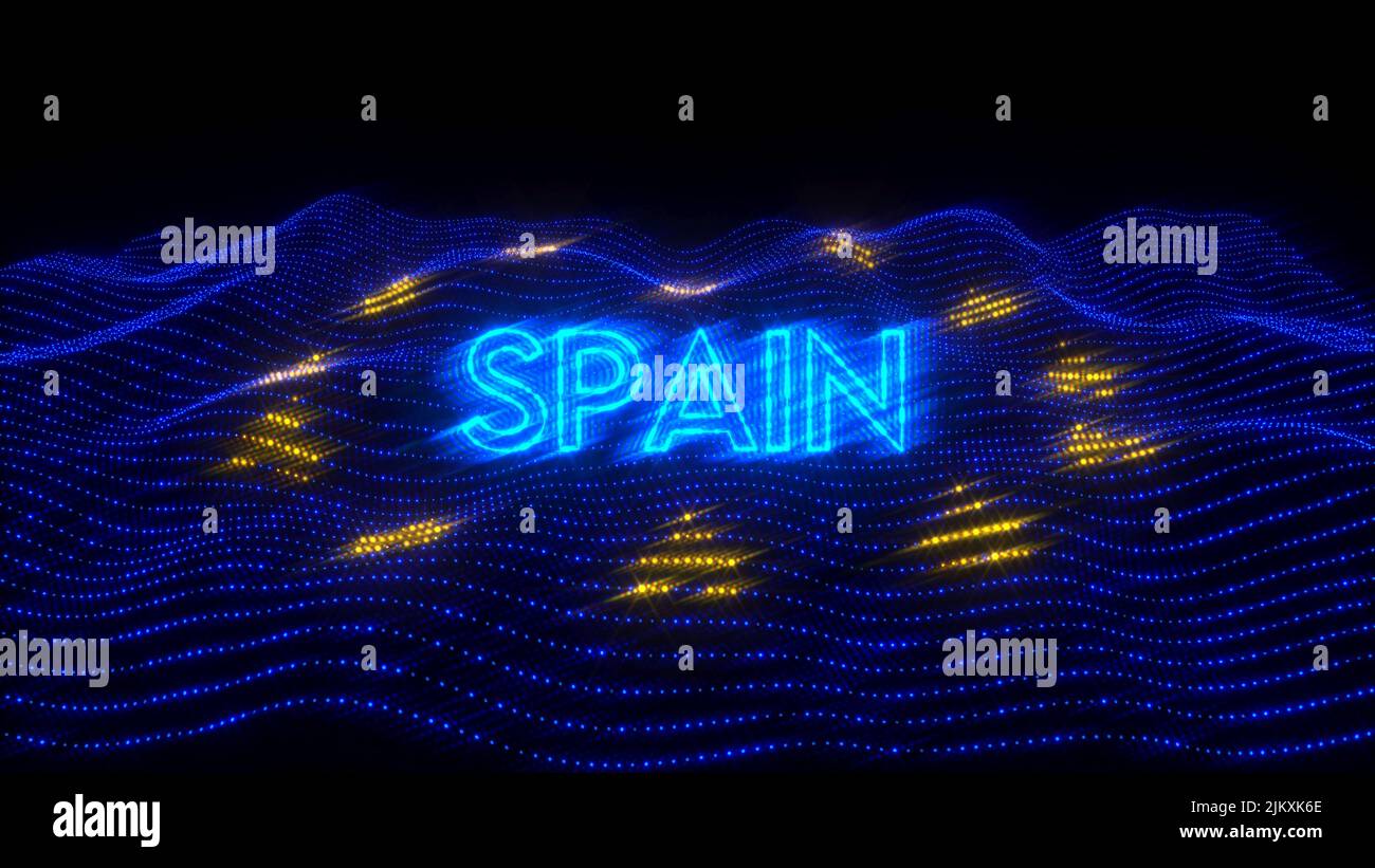A 3d rendering of Spain country in neon letters on dark background over EU flag Stock Photo