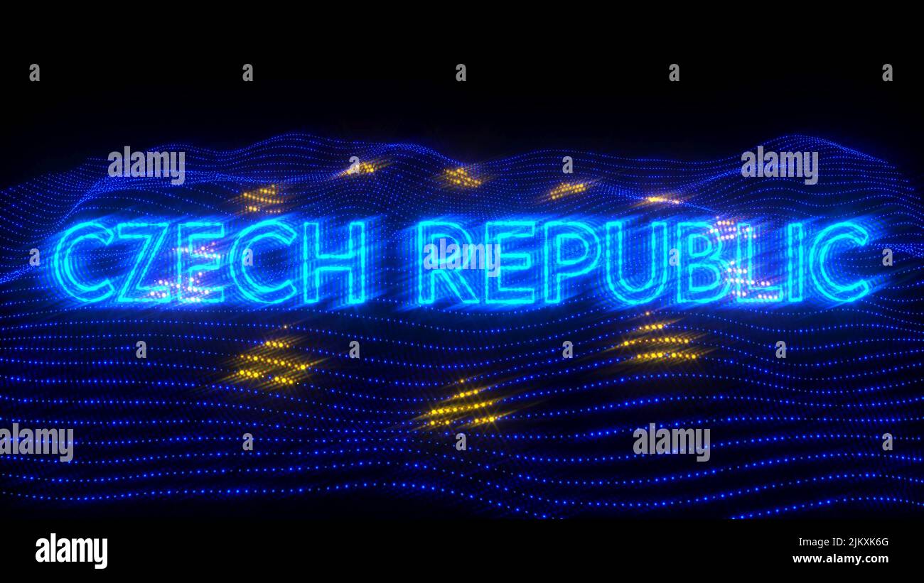 An illustration design of CZECH REPUBLIC country in blue neon letters with dark background over an EU flag Stock Photo