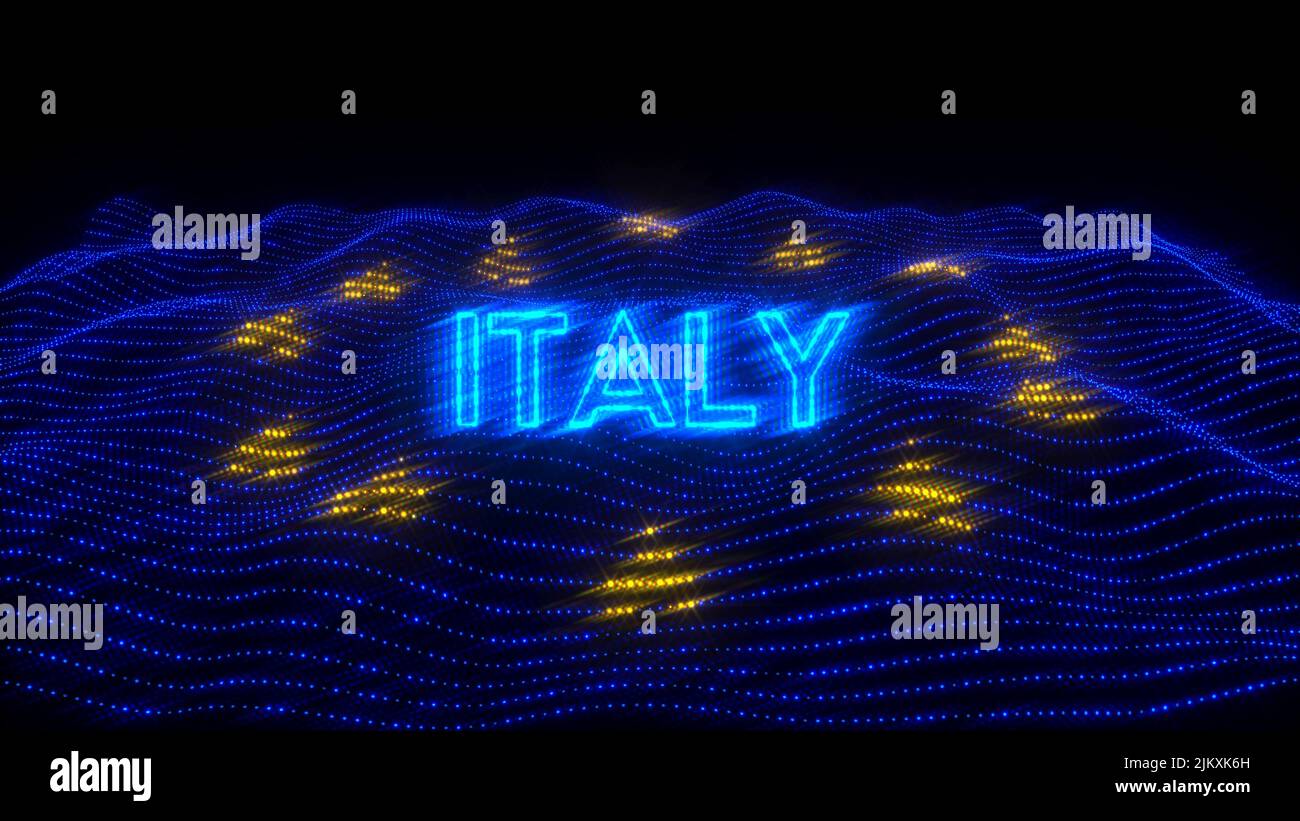 An illustration design of ITALY country in blue neon letters with dark background over an EU flag Stock Photo