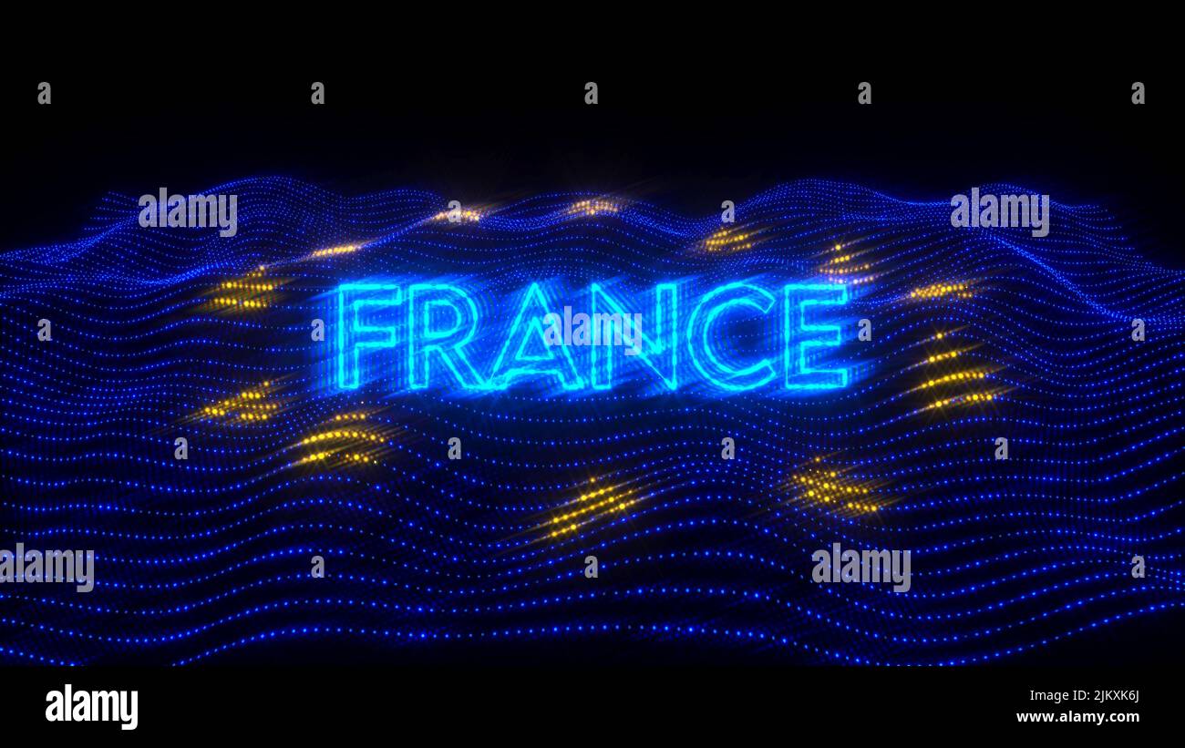 An illustration design of FRANCE country in blue neon letters with dark background over an EU flag Stock Photo