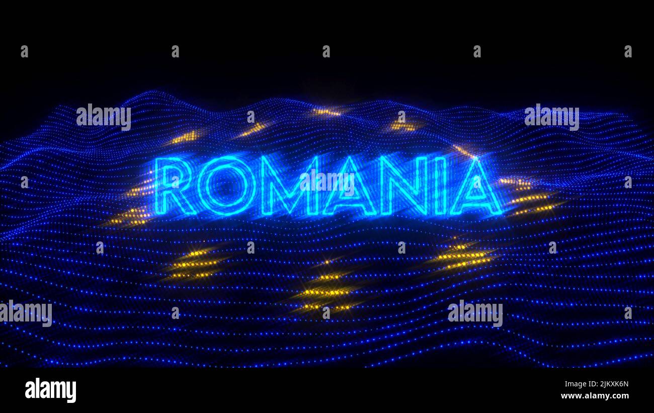 A 3d rendering of Romania country in neon letters on dark background over EU flag Stock Photo
