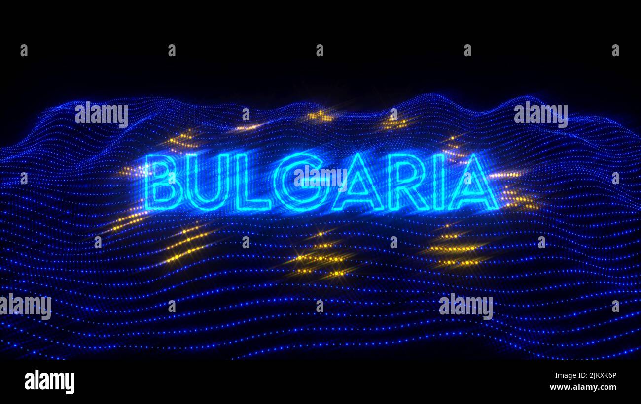 A 3d rendering of a Bulgaria as a European Union country written  in neon letters over an EU flag Stock Photo