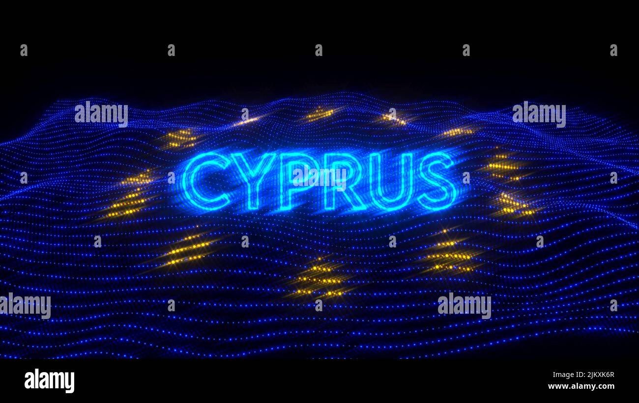 A 3d rendering of a Cyprus as a European Union country written  in neon letters over an EU flag Stock Photo