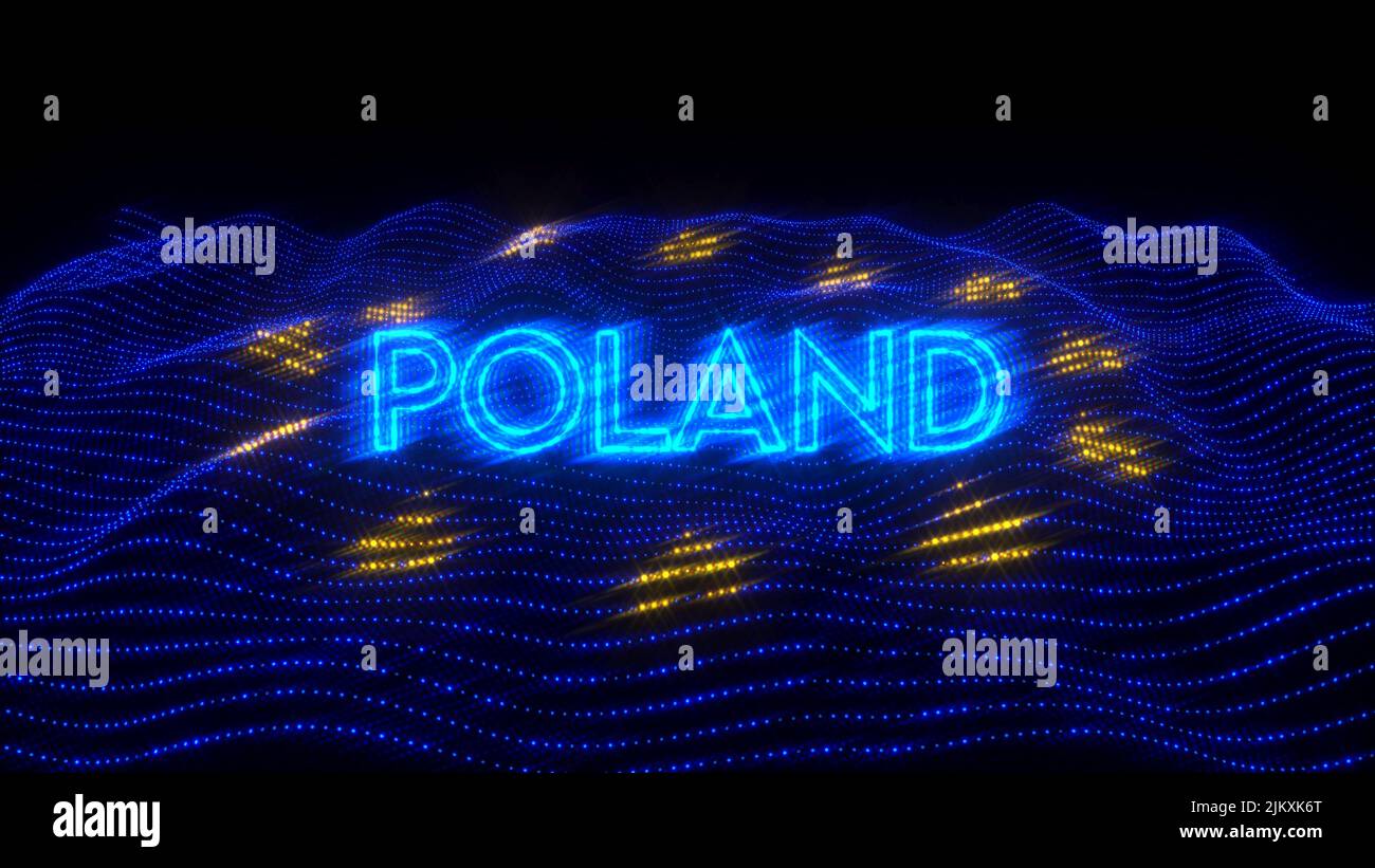 An illustration design of POLAND country in blue neon letters with dark background over an EU flag Stock Photo
