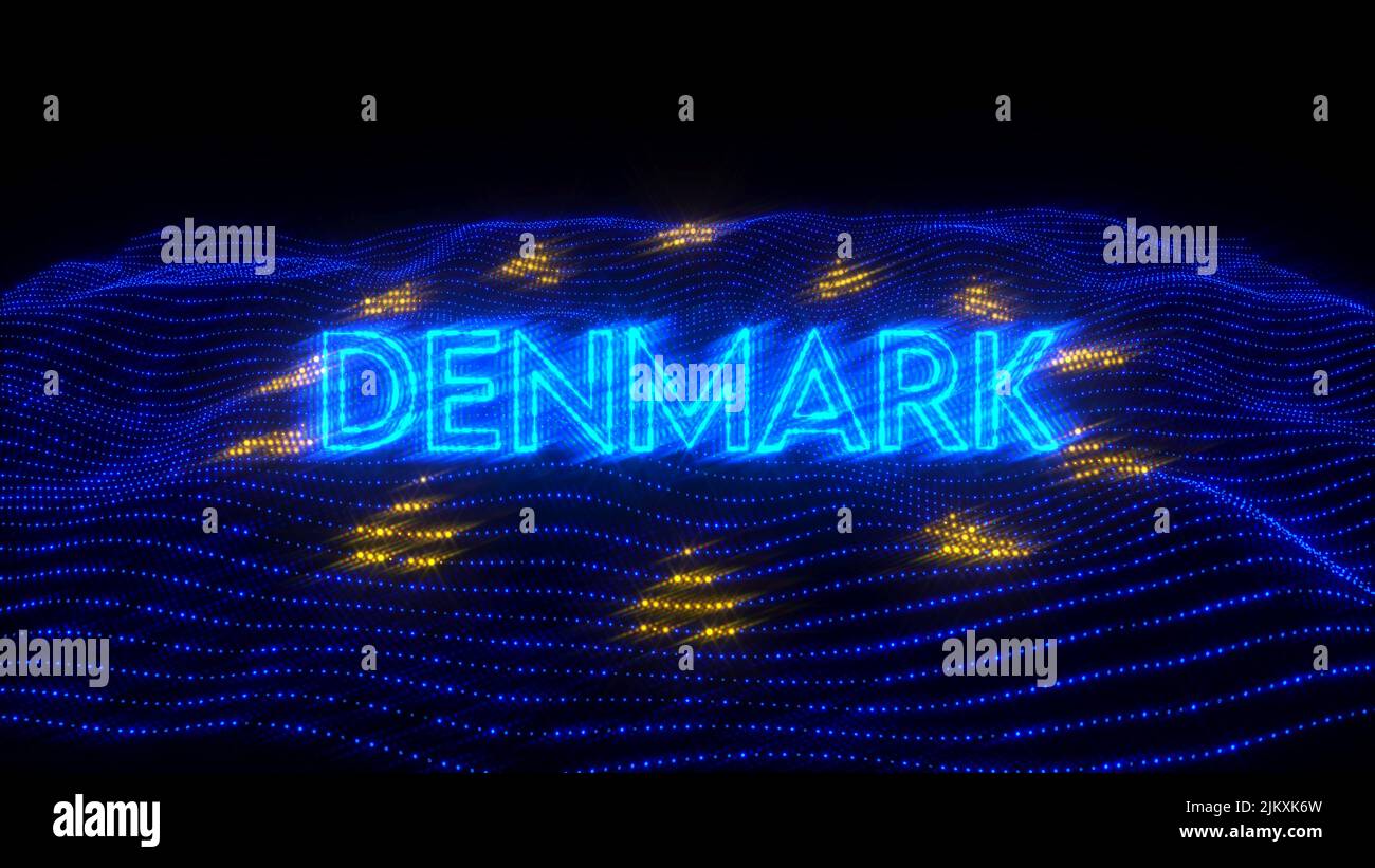 An illustration design of DENMARK country in blue neon letters with dark background over an EU flag Stock Photo