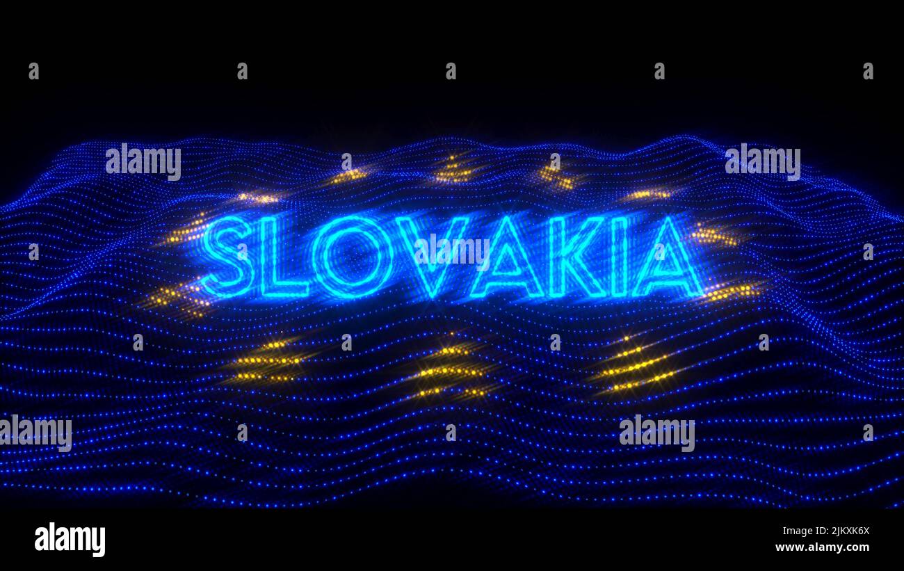 A 3d rendering of Slovakia country in neon letters on dark background over EU flag Stock Photo