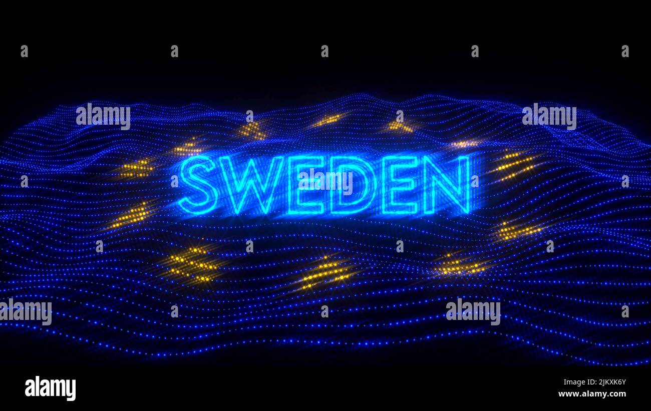 A 3d rendering of Sweden country in neon letters on dark background over EU flag Stock Photo