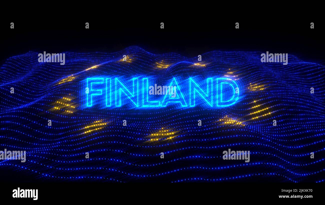 An illustration design of FINLAND country in blue neon letters with dark background over an EU flag Stock Photo