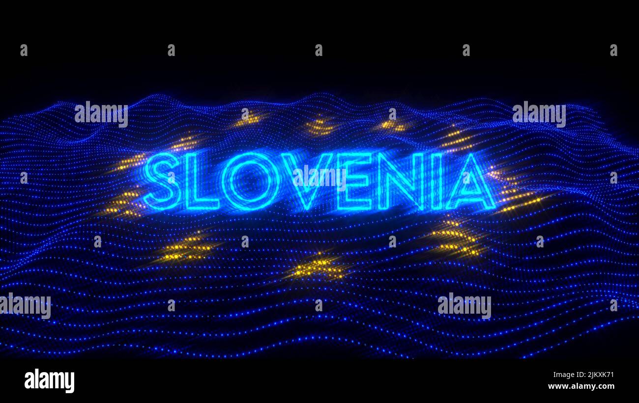 A 3d rendering of Slovenia country in neon letters on dark background over EU flag Stock Photo