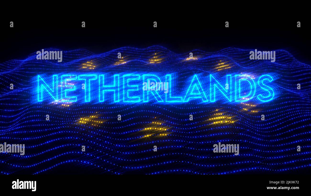 An illustration design of NEHERLANDS country in blue neon letters with dark background over an EU flag Stock Photo