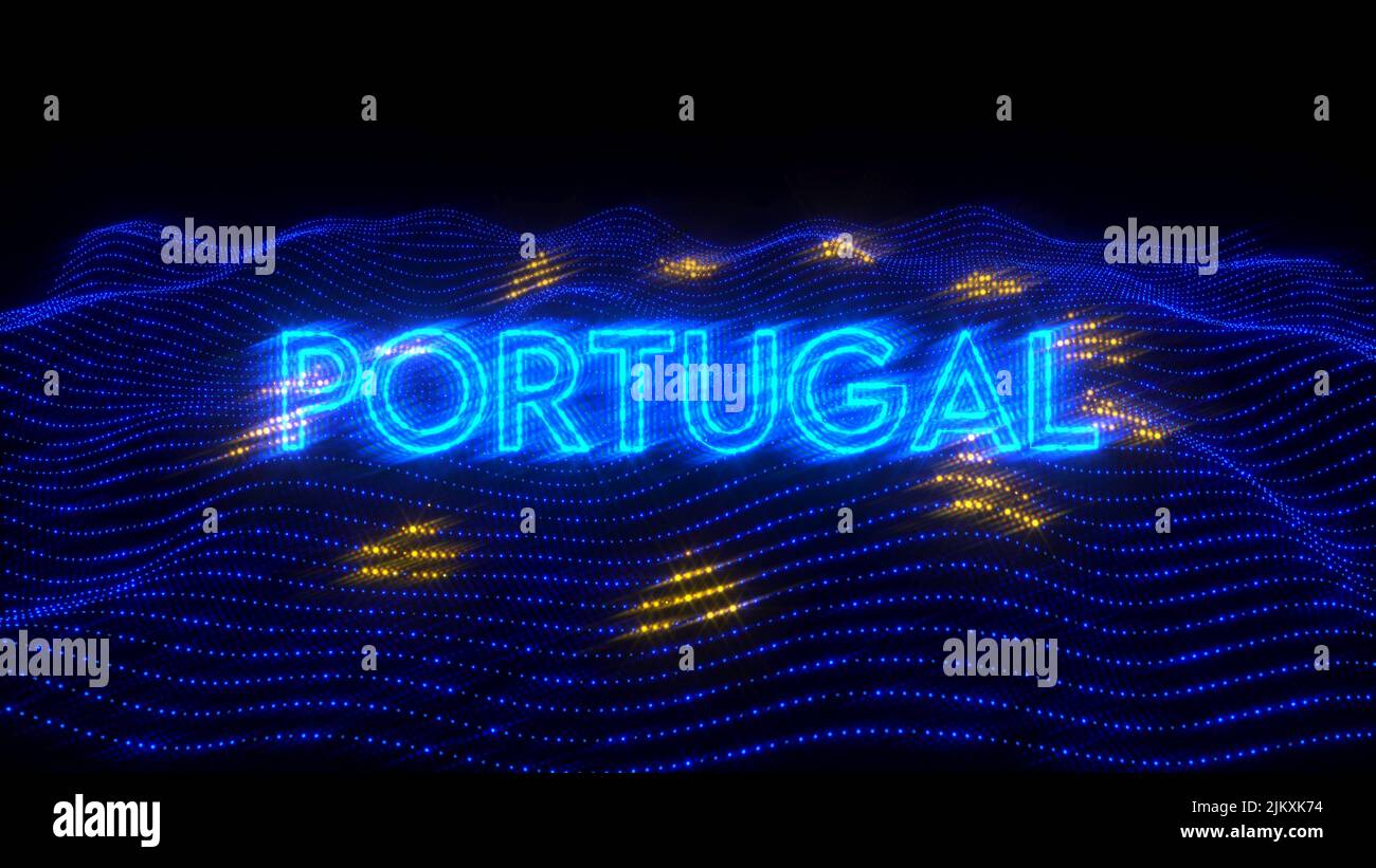 A 3d rendering of Portugal country in neon letters on dark background over EU flag Stock Photo