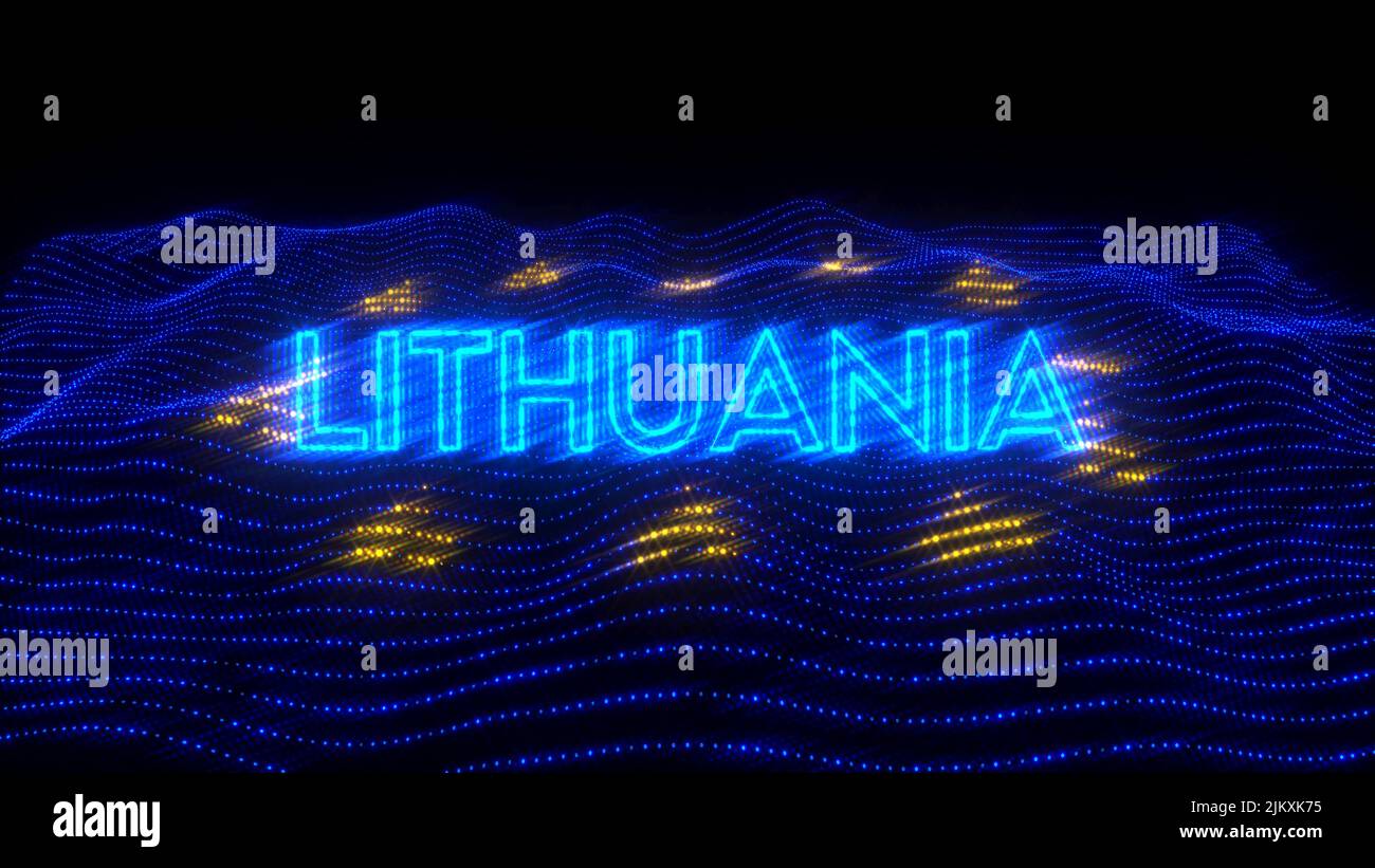 An illustration design of LITHUANIA country in blue neon letters with dark background over an EU flag Stock Photo