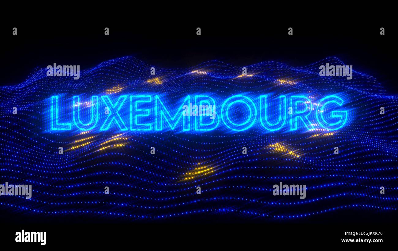 An illustration design of LUXEMBERG country in blue neon letters with dark background over an EU flag Stock Photo