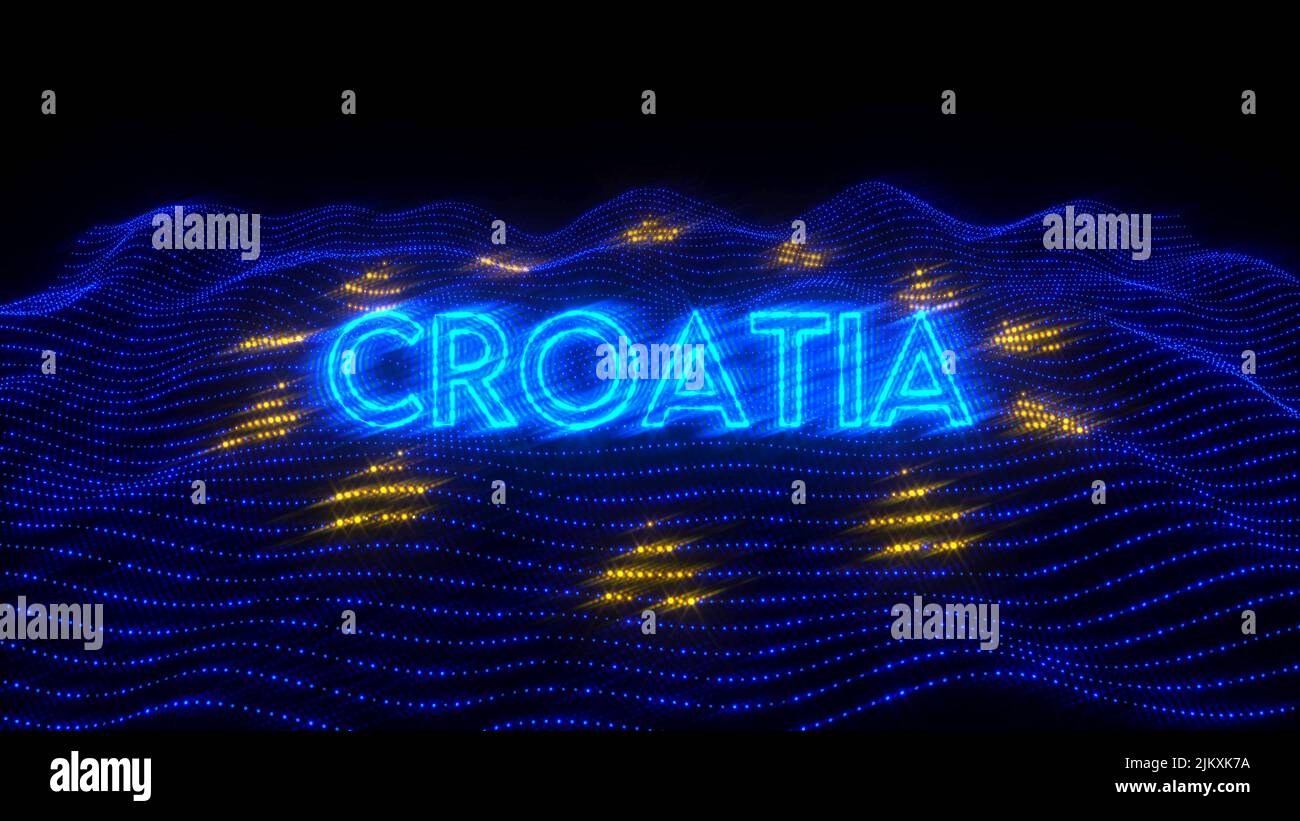 A 3d rendering of a Croatia as a European Union country written  in neon letters over an EU flag Stock Photo