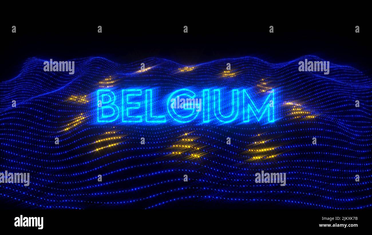 A 3d rendering of a Belgium as a European Union country written  in neon letters over an EU flag Stock Photo