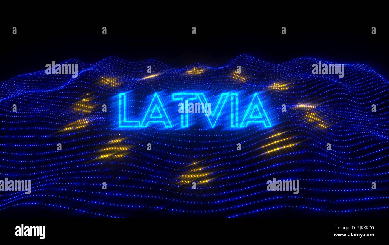 An illustration design of LATVIA country in blue neon letters with dark background over an EU flag Stock Photo