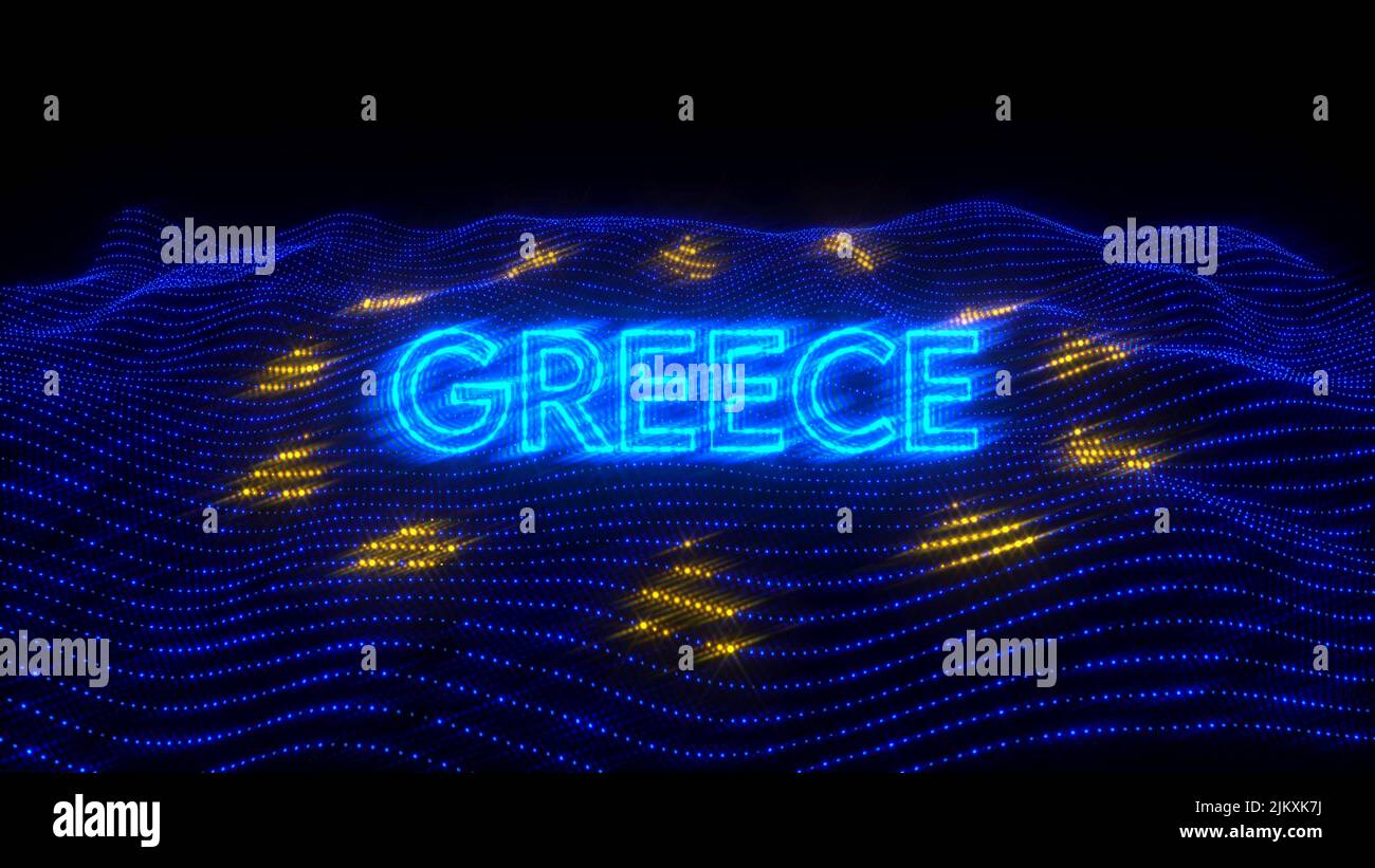 An illustration design of GREECE country in blue neon letters with dark background over an EU flag Stock Photo