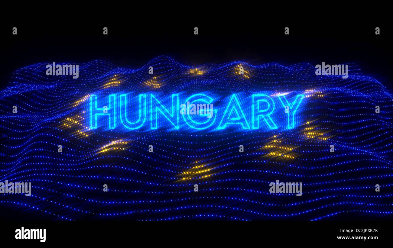 An illustration design of HUNGARY country in blue neon letters with dark background over an EU flag Stock Photo
