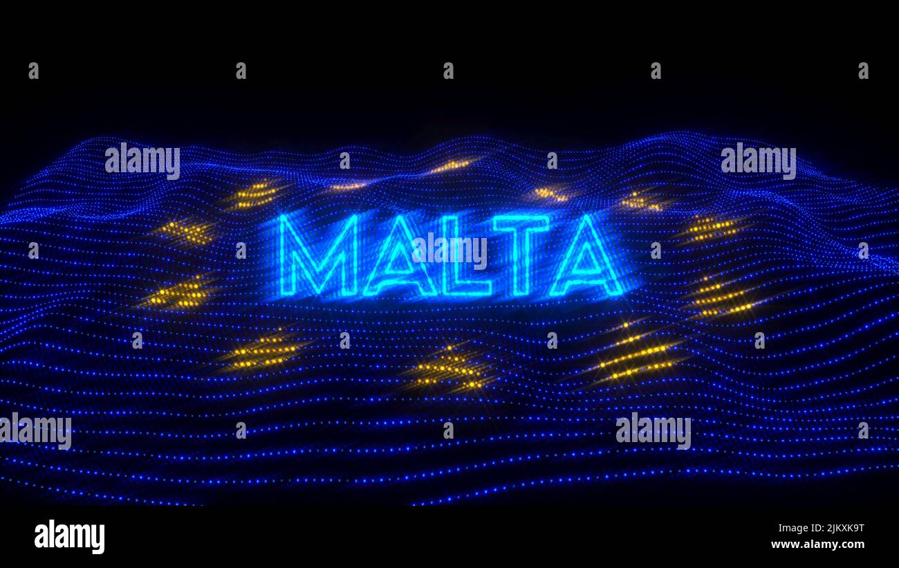 A 3d rendering of Malta country in neon letters on dark background over EU flag Stock Photo