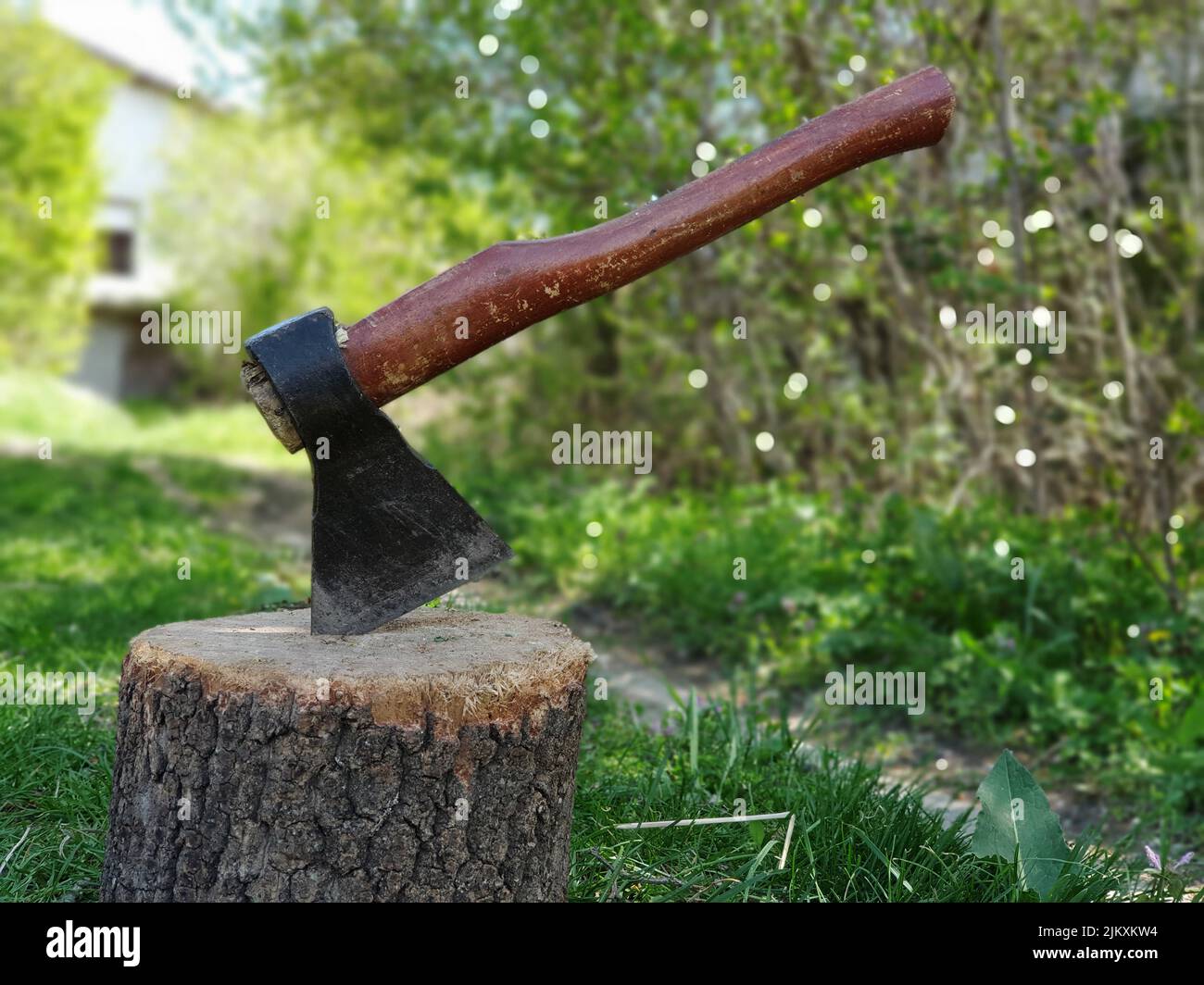 Stuck axe in a log in backyard of a villa Stock Photo