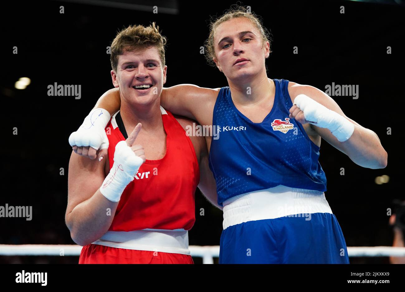 Northern Ireland's Eireann Cathlin Nugent (right) and England's Jodie Charlotte Wilkinson during the Women’s Over 66kg-70kg (Light Middle) - Quarter-Final 3 at The NEC on day six of the 2022 Commonwealth Games in Birmingham. Picture date: Wednesday August 3, 2022. Stock Photo