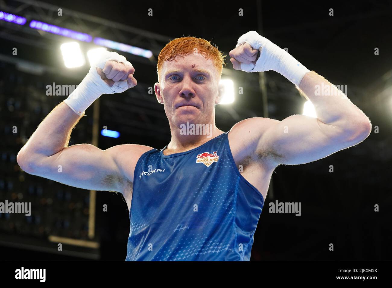 England's Aaron Bowen celebrates victory following the Men’s Over 75kg-80kg (Light Heavyweight) - Quarter-Final 3 at The NEC on day six of the 2022 Commonwealth Games in Birmingham. Picture date: Wednesday August 3, 2022. Stock Photo